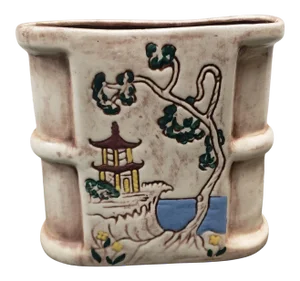 Vintage 1960's Cal Dania Pottery Ceramic Japanese Coastal Scene Motif Vase