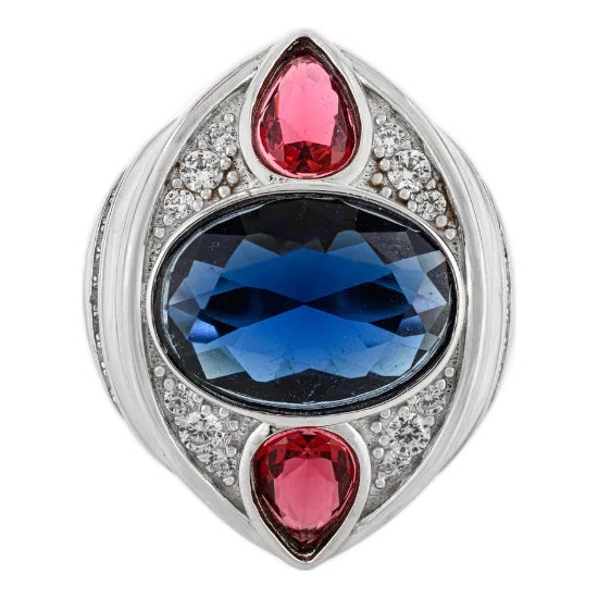 Bochic Sterling Silver Cocktail Ring With Blue & Red Cz Gemstone - Size 7 For Sale