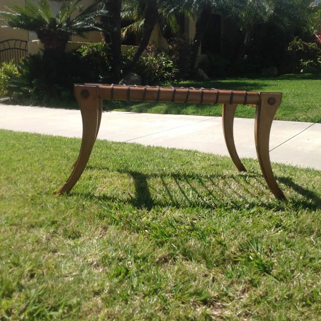 Beautiful mid century style Klismos bench. The bench is in excellent condition . The wood is stained walnut and has a...