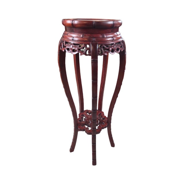 Wood Vintage Chinese Carved Mahogany Marble-Top Pedestal Plant Stand For Sale - Image 7 of 10