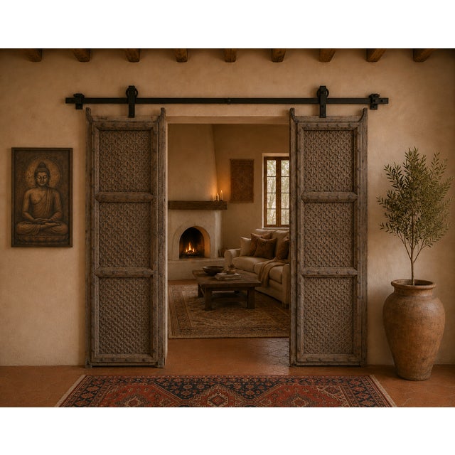 Antique Indian carved teakwood door, c. 1880–1900, carefully bleached to highlight its sculptural interlocking weave...