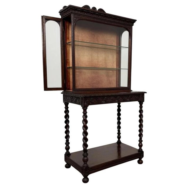 Antique English Carved Oak Cabinet with Barley Twist Legs For Sale - Image 4 of 12