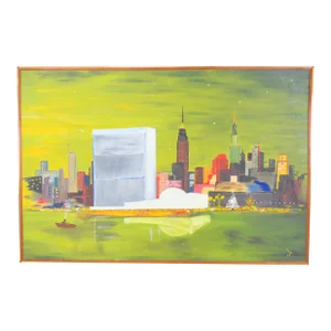 Vintage 1960s Oil on Canvas Landscape of New York City - Artist Initialed and Dated 1967