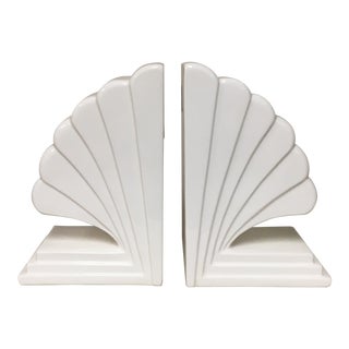 Fitz & Floyd White Deco Fan Bookends - a Pair For Sale