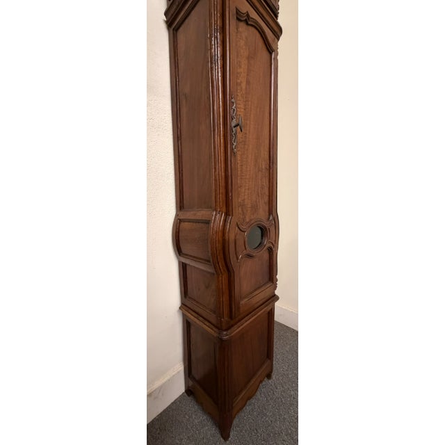 Early 19th Century Louis XV Style Country French Walnut Tall Case Clock With Morbier Movement & Porcelain Dial For Sale - Image 4 of 12