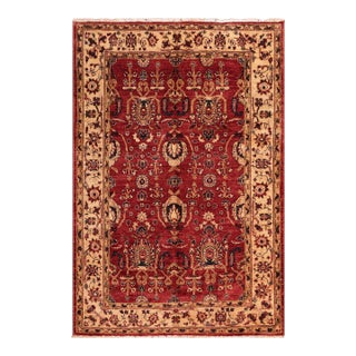 Boho Chic Ziegler Red Ivory Hand-Knotted Wool Rug - 5'2'' X 5'10'' For Sale