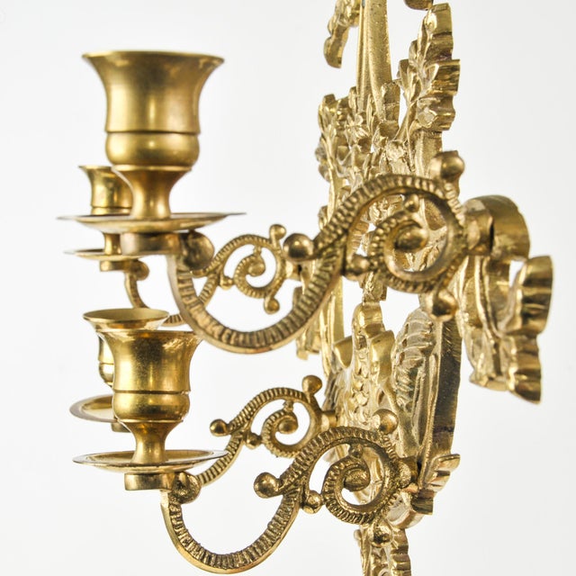 Vintage Solid Brass Ornate 5-Arm Wall Sconce Pair With Ribbon and Love Bird Motif For Sale - Image 14 of 15