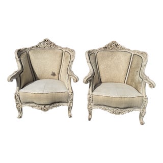 Pair of Louis XV Style Carved Bergère Lounge Chairs For Sale