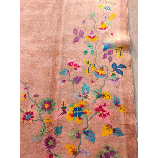 1930s Orange-Peach Floral Modern Antique Chinese Art Deco Rug Hand Knotted 8'10" X 11'6 Wool Carpet For Sale - Image 4 of 6