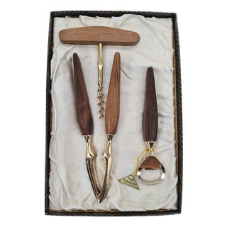 Bar Set with Wooden Handles by Echt Vergoldet, West Germany, 1960s. For Sale