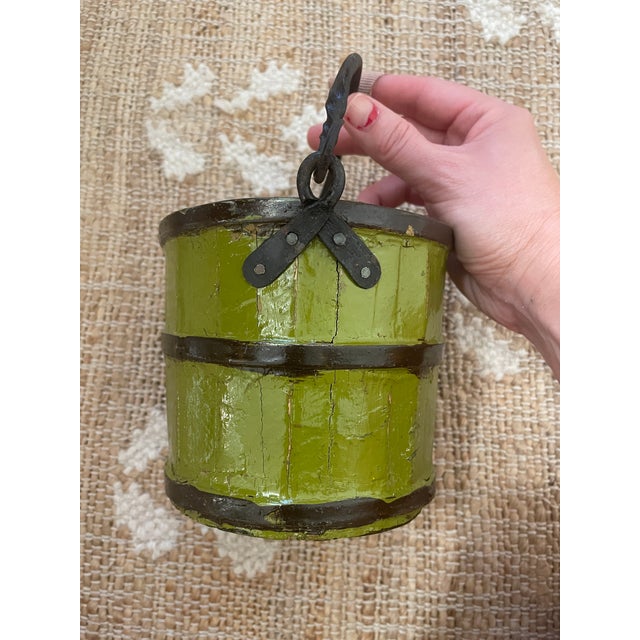 Traditional Antique Primitive Wooden Forged Iron Rice Berry Bucket Green For Sale - Image 3 of 8