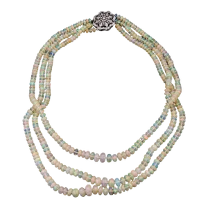 Mid 20th Century Opal Bead Graduated Triple Strand Necklace with Diamond White Gold Clasp