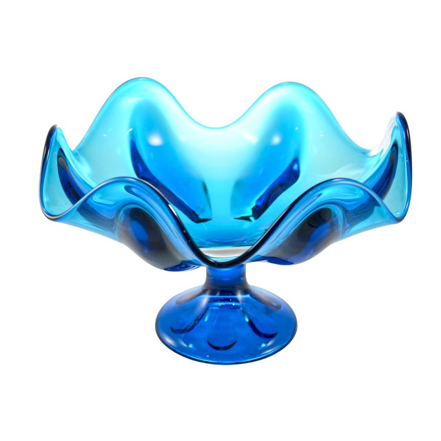 Vintage vivid peacock blue MCM pedestal bowl with 6 petal deep scalloped rim. Maker attributed to Viking Glass, circa 1960.
