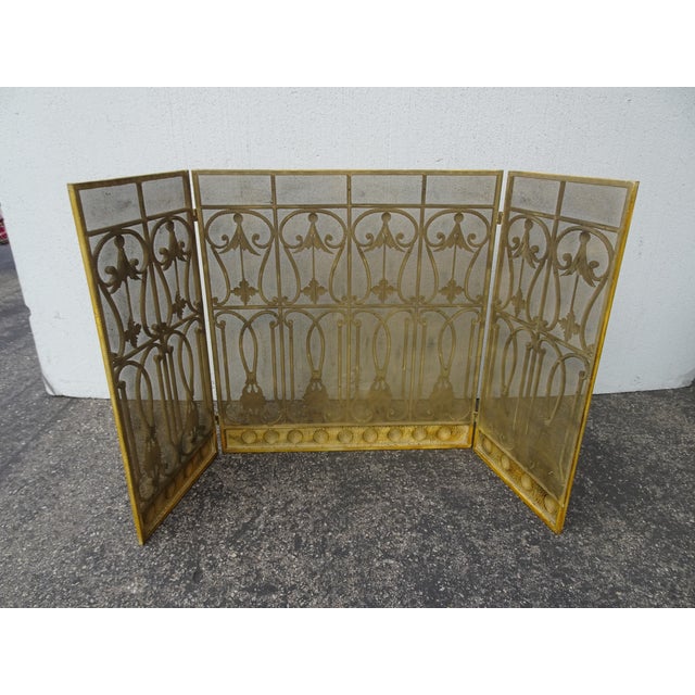 Vintage French Country Yellow Ornate Three Panel Fireplace Screen For Sale - Image 12 of 18