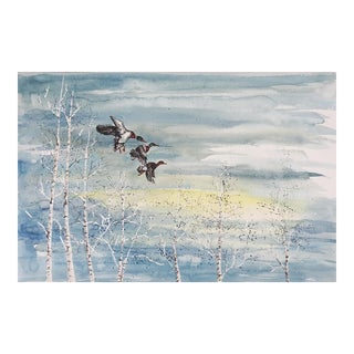 1979 Mallard Duck and Birch Trees Watercolor Painting For Sale