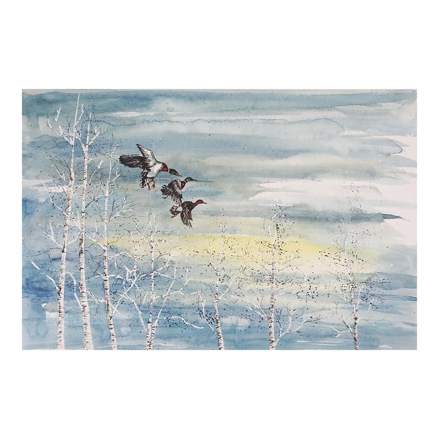 1979 Mallard Duck and Birch Trees Watercolor Painting For Sale