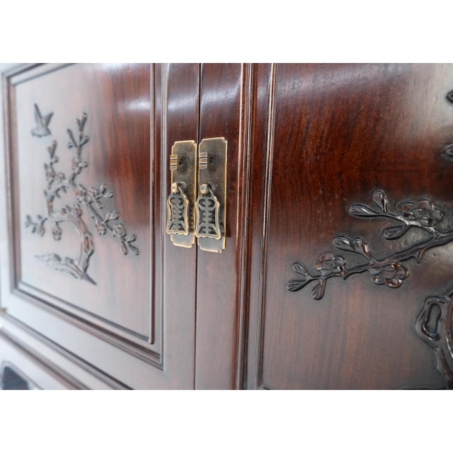 Asian Mid Century Modern Carved 4 Doors 3 Drawers Credenza Dark Solid Teak MINT For Sale - Image 9 of 16