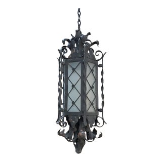 Antique Wrought Iron and Frosted Glass Lantern Chandelier For Sale