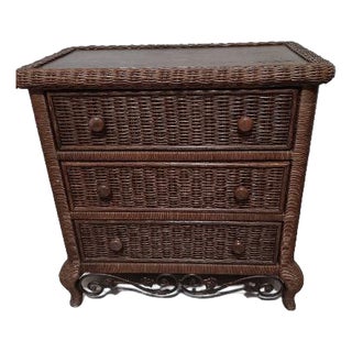 Wicker Rattan Chest or Nightstand Three Drawer Dark Tone For Sale