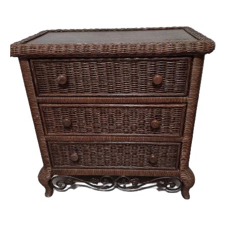 Wicker Rattan Chest or Nightstand Three Drawer Dark Tone For Sale