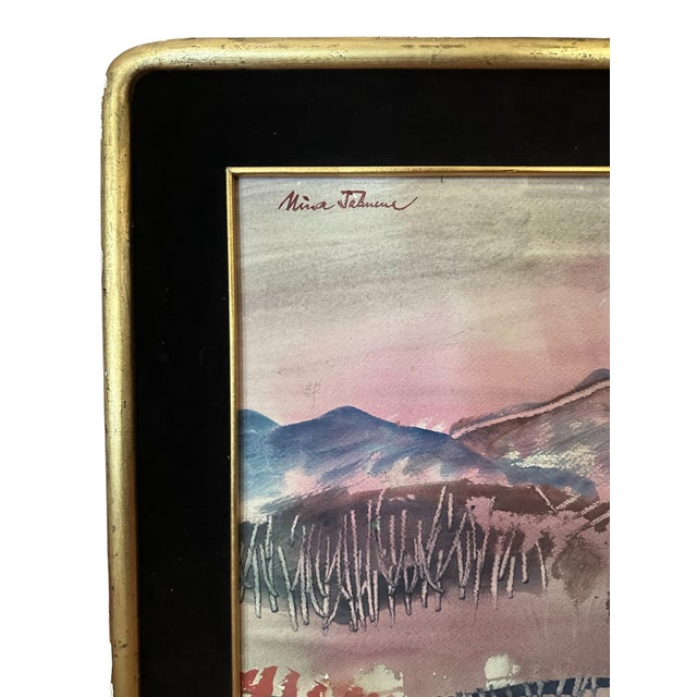 Mid-Century Modern Mid-Century Abstracted Watercolor &Amp; Wax-Resist Mountain Landscape by Mina Tabuena. For Sale - Image 3 of 12