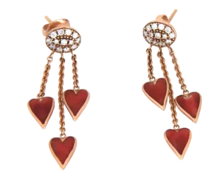 Kabana Diamond Spiny Oyster Gems 14k Rose Gold 3 Hearts Dangle Earrings - 2 Pieces