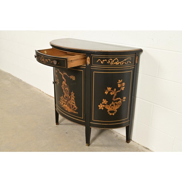 Imperial Furniture Grand Rapids French Regency Chinoiserie Black Lacquered Hand Painted Demilune Cabinet, Circa 1940s For Sale In South Bend - Image 6 of 16