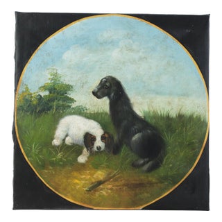 Vintage Hand Painted Folk Art Pet Portrait Circular Oil Painting on Canvas With Black and White Dogs in Landscape For Sale