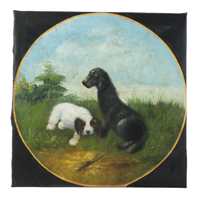 Vintage Hand Painted Folk Art Pet Portrait Circular Oil Painting on Canvas With Black and White Dogs in Landscape For Sale