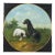 Vintage Hand Painted Folk Art Pet Portrait Circular Oil Painting on Canvas With Black and White Dogs in Landscape For Sale