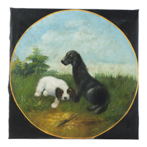 Vintage Hand Painted Folk Art Pet Portrait Circular Oil Painting on Canvas With Black and White Dogs in Landscape