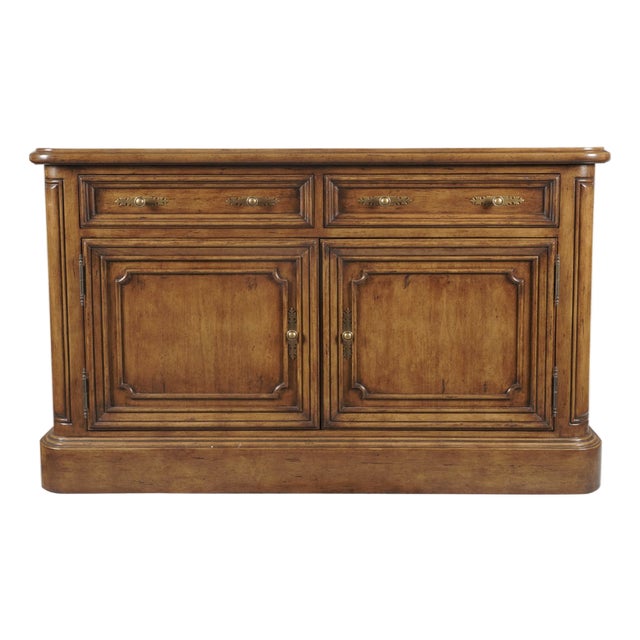 Late 20th Century French Provincial Walnut Two-Door Buffet With Drawers and Brass Hardware For Sale