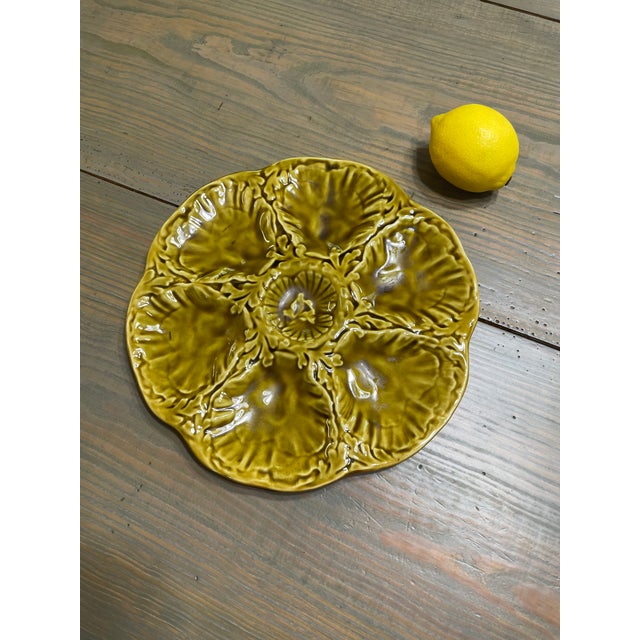 1950s French Gien Majolica Olive Green Oyster Plate For Sale - Image 12 of 15