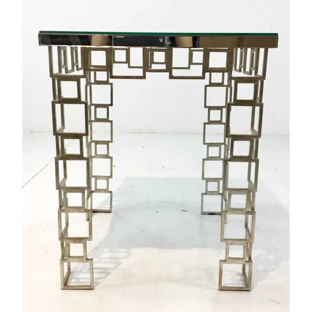 Stylish Currey & Co. Euclid modern mirror and metal end table, silver finished fret work pattern, showroom floor sample,...