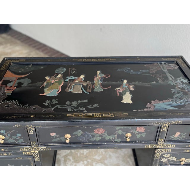 1920s Chinoiserie Three Piece Black Lacquer Desk With Hard-Stone Inlay For Sale - Image 4 of 12