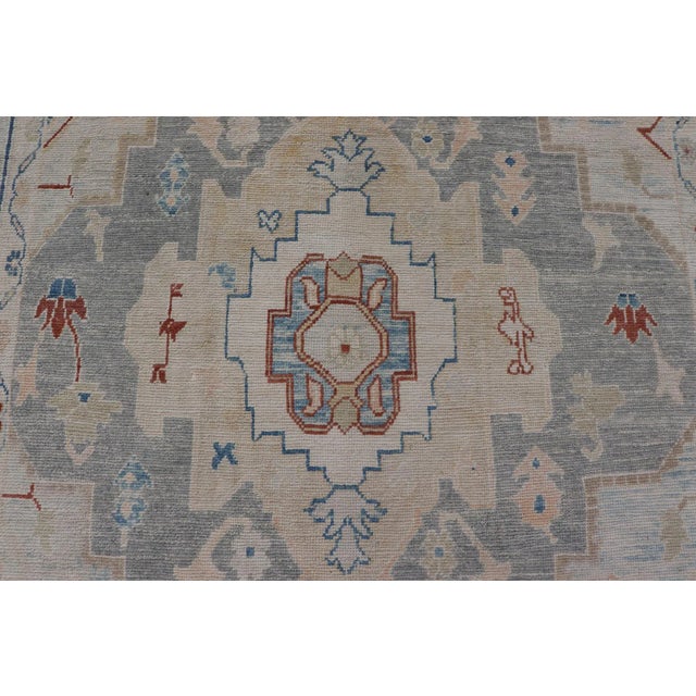 Modern Oushak Turkish Rug With All Over Design in Light Blue Ivory & Red For Sale In Atlanta - Image 6 of 12