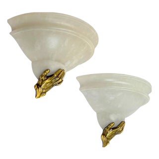 Art Deco Alabaster Wall Lights with Bronze Hands, 1970s, Set of 2 For Sale
