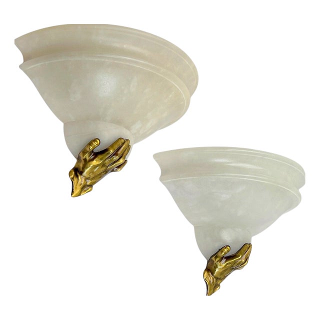 Art Deco Alabaster Wall Lights with Bronze Hands, 1970s, Set of 2 For Sale