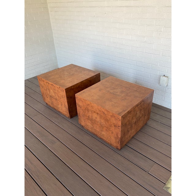 Beautiful Book Matched Exotic Burl Wood Cube side Tables, unmarked Condition Disclosure: Please understand nearly all of...