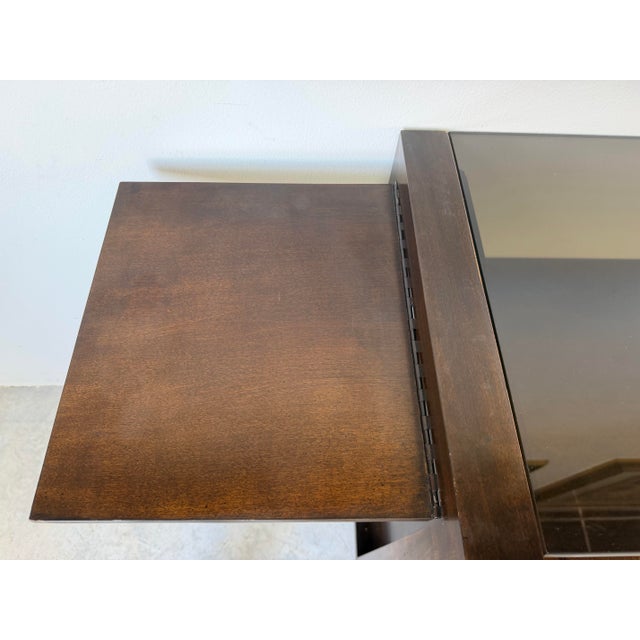 Mid Century Milo Baughman Style Burlwood & Brass Bar Cart With Glass Top For Sale - Image 11 of 12