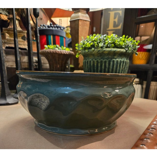 Large Heavy Vintage Planter Vase With Gold Trim. Nice vase, green with gold trim on the rim. Heavy and will not blow away...