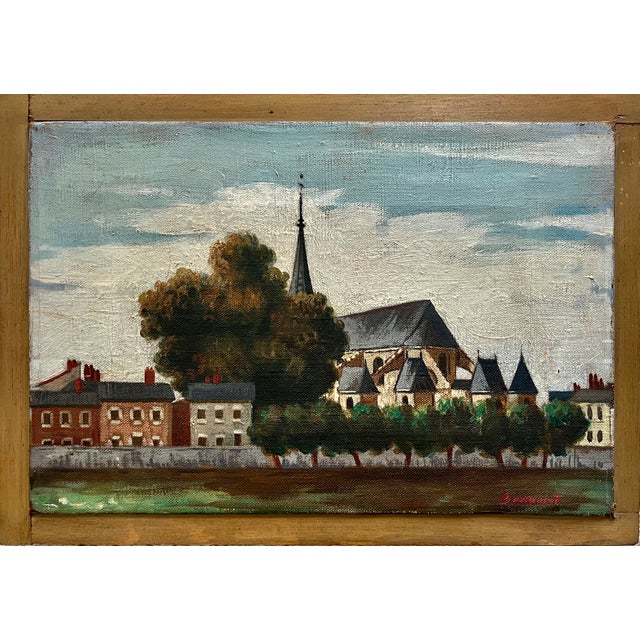 This charming and beautifully painted original framed oil on canvas cityscape/ landscape of a rural French town was done...