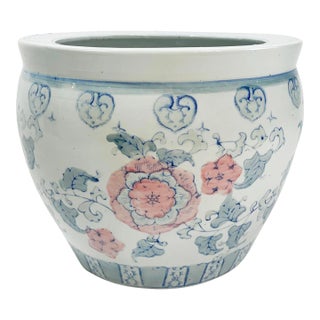 Vintage Large Porcelain Pastel Floral Fish Bowl Planter Cachepot For Sale