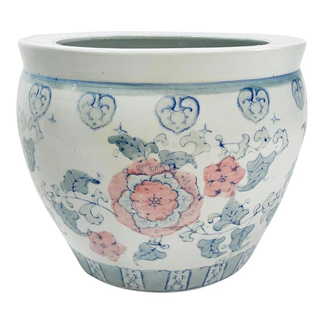 Vintage Large Porcelain Pastel Floral Fish Bowl Planter Cachepot For Sale