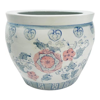 Vintage Large Porcelain Pastel Floral Motif Fish Bowl Cachepot Planter For Sale
