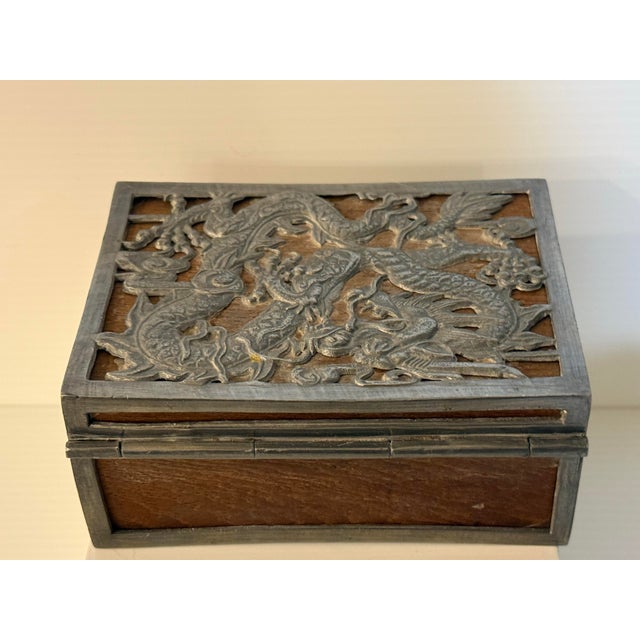 Vintage Chinese Dragon Relief Wood & White Metal Decorative Trinket Box For Sale - Image 10 of 12