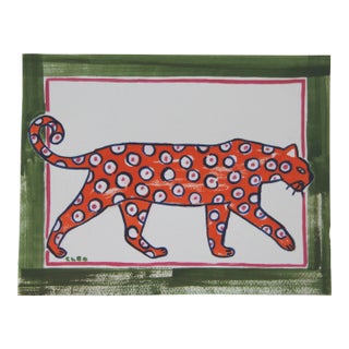 Orange Leopard Folk Art Americana Green Border Expressionist Original Painting by Cleo Plowden For Sale