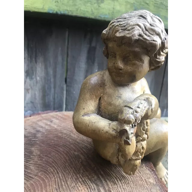 C1800 Antique French Renaissance Style Carved Wood Cherub Figure Holding His Fish - Sculpture For Sale - Image 4 of 11