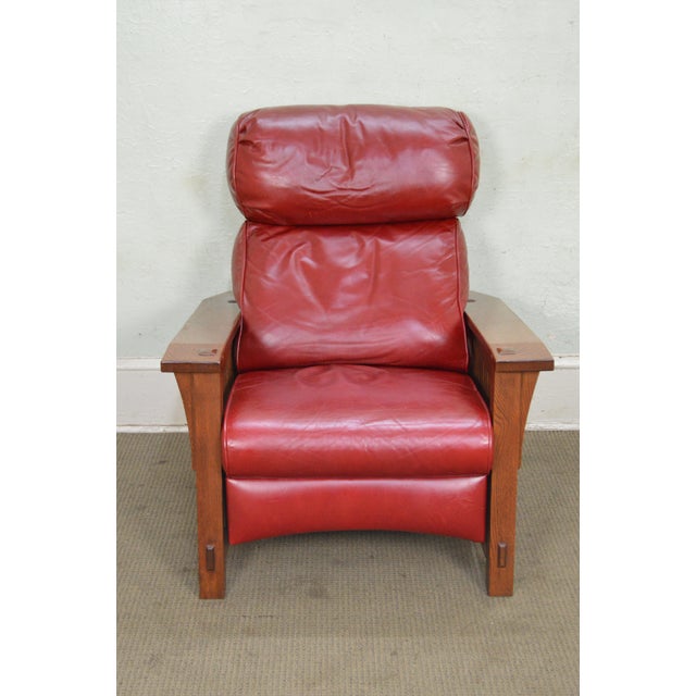 Stickley Mission Collection Oak Spindle Morris Red Leather Recliner