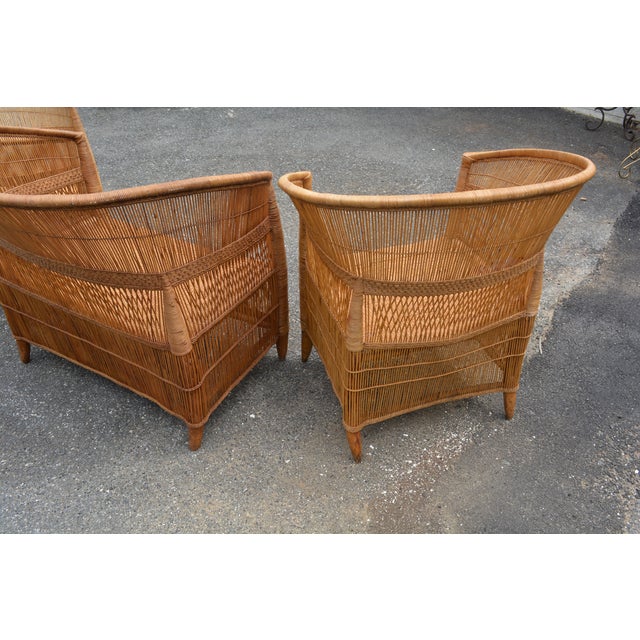 African 1970s Malawi Africa Handcrafted Tan Rattan Cane Woven Loveseat & 2 Chairs Set For Sale - Image 3 of 10